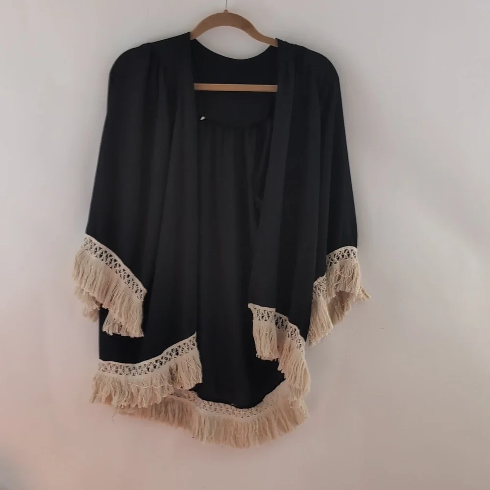 Elegant Black Fringe Kimono Up to Size Large